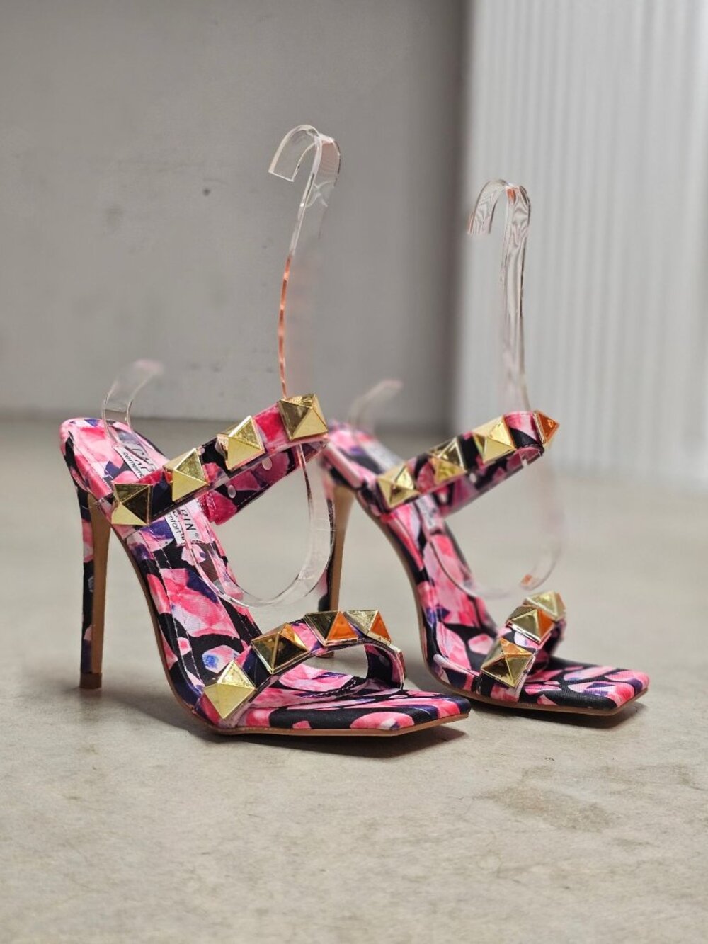 Pink & Gold Studded High Heel Sandals With Floral Pattern Open Toe Stiletto Heel - Picture 11 of 13
